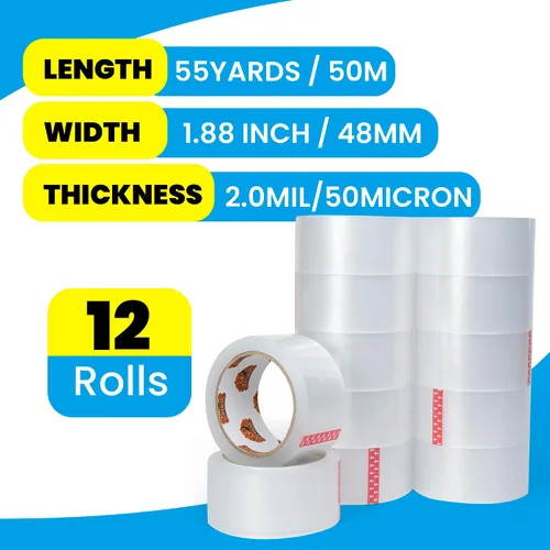 Vista 3 de TAPEBEAR Cinta de embalaje transparente, 12 rollos, 1.88 pulgadas x 55 yardas x 2.0 mil de grosor, cinta adhesiva acrílica para envío, sellado