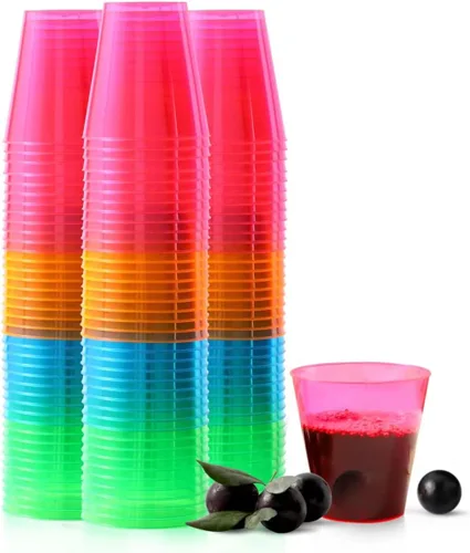 Vista 2 de 250 vasos desechables de plástico, vasos de fiesta multicolor neón de 1 onza, vasos desechables de plástico duro para margarita, whisky