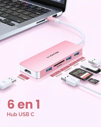 Vista 3 de LENTION Concentrador USB C 6 en 1, 3 USB3.0, 4K@30Hz, lector de tarjetas Rosa