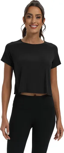 Vista 5 de Mippo Camisetas de entrenamiento para mujer, recortadas, con espalda dividida, atléticas, para gimnasio, ejercicio, ajuste holgado