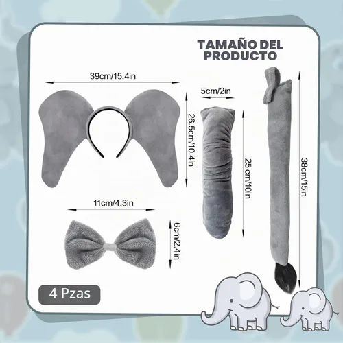 Vista 2 de Baaxxango 4 piezas de disfraz de elefante para niños, diadema de orejas de elefante, corbata de moño y cola, accesorios de disfraz de elefante