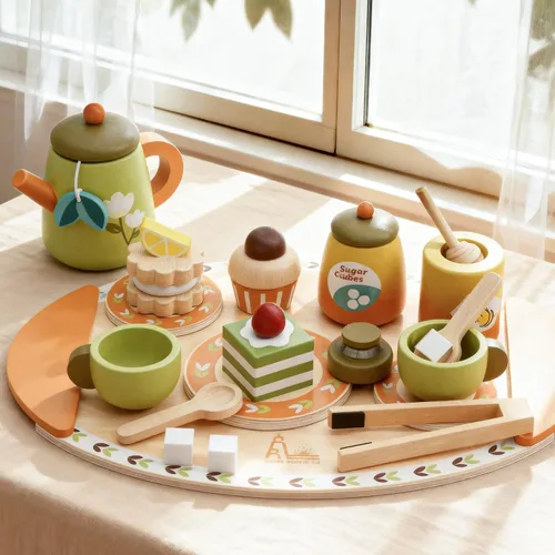 Vista 9 de Juego de té de madera para niños pequeños, juguetes de fiesta de té de simulación para niños de 3 a 5 años, regalo para niñas y niños