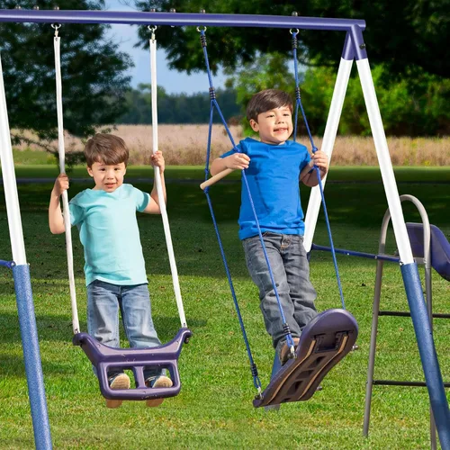 Vista 5 de XDP Recreation Surf N Swing - Juego de columpio y juego de 5 estaciones de acero pintado para niños con tobogán ondulado, protectores de piernas