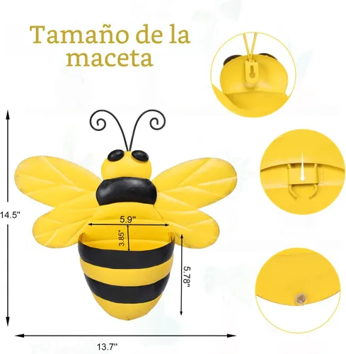 Vista 3 de Macetero de Pared de Metal Abeja Maceteros de Pared Montados Maceta Pequeña con Drenaje para Interior Exterior Macetero Colgante Estilo Granja