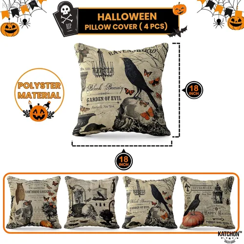 Vista 2 de KatchOn, Fundas de almohada vintage de Halloween de 18 x 18 pulgadas, paquete de 4 fundas de almohada de calavera Fundas de cojín de calabaza