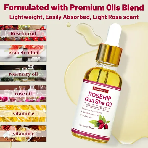 Vista 3 de Paquete de 3 aceites faciales Gua Sha para mujeres, aceite de rosa mosqueta, aceite facial orgánico con infusión de rosa, vitamina E y C