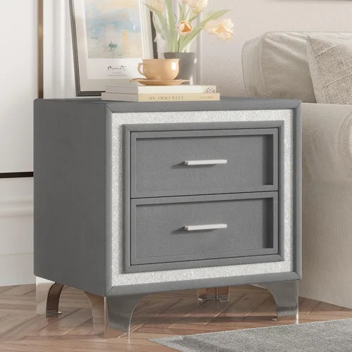 Vista 6 de base de cama de plataforma tamaño queen con 1 mesita de noche de conjunto 1+1, elegante cama tapizada de terciopelo con cabecero acolchado