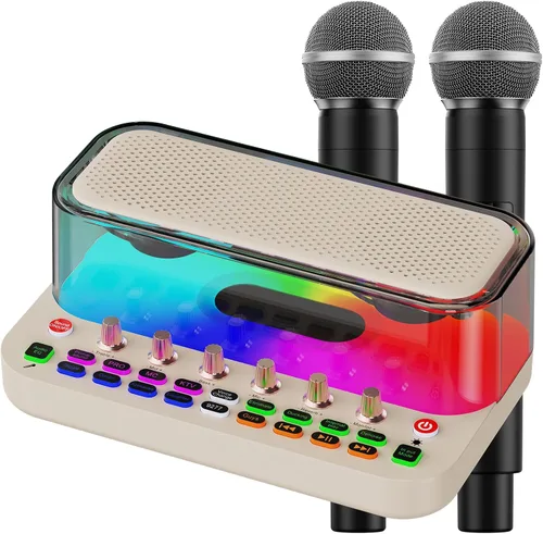 Vista 10 de JYX - Máquina de karaoke con 2 micrófonos inalámbricos, altavoz Bluetooth portátil con ajuste de graves/agudos y luz LED, compatible con TWS