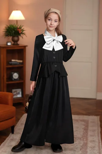 Vista 5 de BesserBay Girls 5Pcs Colonial Black Costume Long Sleeve Ruffled Collars Button Dress 6-14 Years