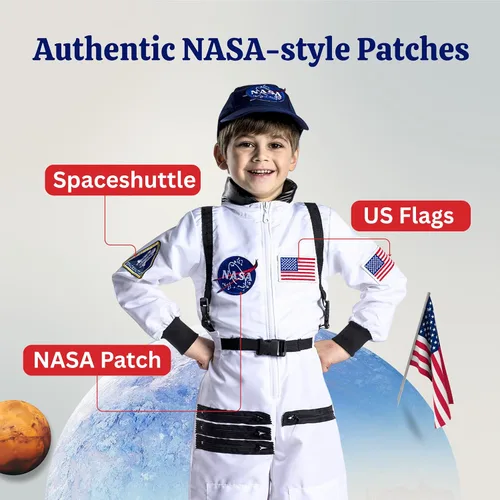 Vista 3 de Dress Up America Kids NASA Astronaut Costume – Orange Space Suit with Cap – Realistic Halloween & Dress-Up Outfit