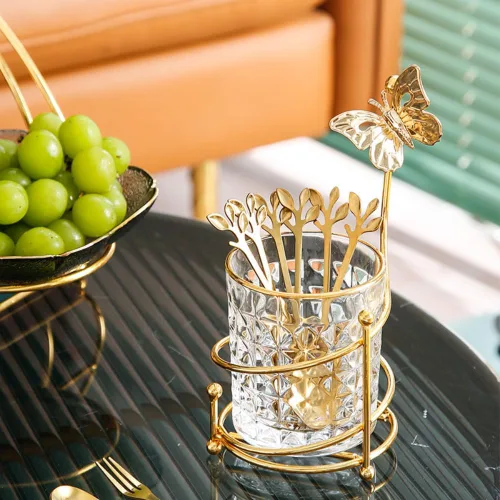 Vista 9 de Juego de 6 cucharas de café con soporte de vidrio, Juego de cucharas pequeñas de té de acero inoxidable dorado, Juego de mini cucharas de postre