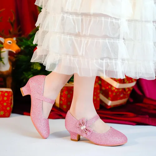 Vista 2 de Dufannie Zapatos de vestir para niñas, zapatos de tacón bajo de princesa, zapatos planos con purpurina para bodas y fiestas