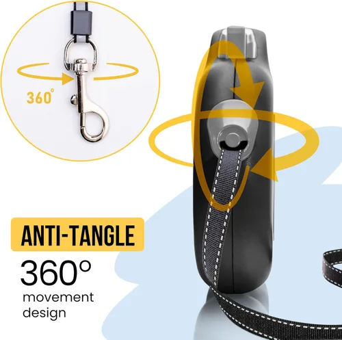 Vista 3 de Correa retráctil para perros pequeños y medianos (hasta 55 libras) - Personalizable, patentado, diseño reflectante, mango ergonómico, incluye Negro