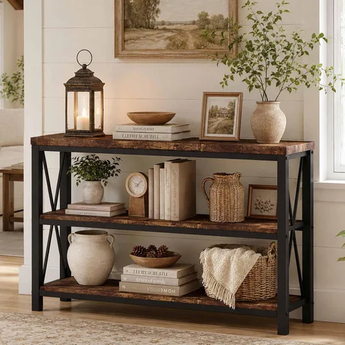 Vista 10 de BON AUGURE - Mesa de consola rústica detrás del sofá, mesa industrial de entrada con estantes, mesas de sofá de 3 niveles estilo granja para sala