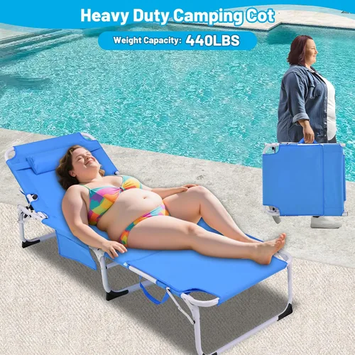 Vista 6 de Silla de bronceado 3 en 1 extragrande con esterilla y agujero para la cara, silla lounge plegable resistente - Silla ajustable de 5 posiciones