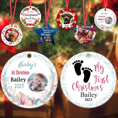 Vista 8 de Adornos de Navidad personalizados para la familia 2023, personaliza tus propios adornos de apellido para Navidad, decoración de árbol colgante