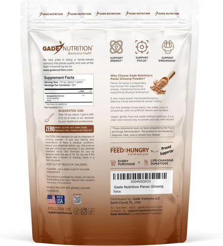 Vista 2 de Gade Nutrition Panax - Extracto de ginseng en polvo, sin OMG, sin gluten, sin lácteos y vegano, 8.82 oz (8.8 onzas) 1000 mg por porción, 250