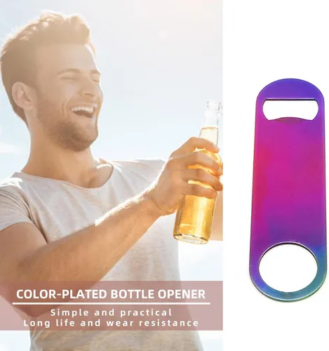 Vista 6 de Abrebotellas plano de acero inoxidable de color arcoíris, resistente y duradero, 2 piezas para enviar a amigos, adecuado para bares, camareros