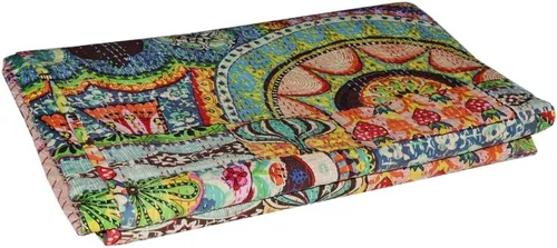 Vista 2 de Manta Kantha tradicional india hecha a mano de algodón súper suave, manta de colcha, colcha de decoración de dormitorio, decoración del hogar