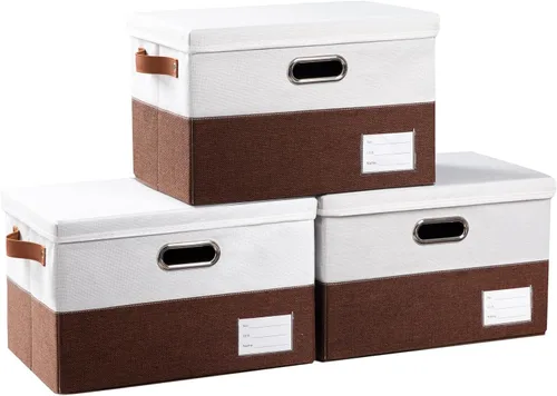 Vista 35 de PRANDOM Contenedores de almacenamiento con tapas [paquete de 3] cajas de almacenamiento plegables de tela de lino, canastas organizadoras, cubos