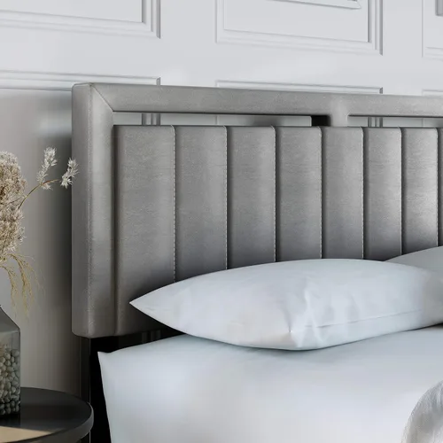 Vista 5 de Boyd Sleep Beaumont - Cama de plataforma tapizada con cabecero, base de colchón con 14 soportes de listones de madera, no requiere somier, piel Gris