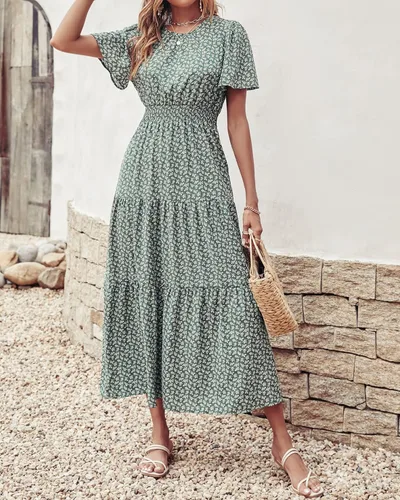 Vista 3 de Prettygarden - Vestido largo de manga corta con cuello redondo y cintura elástica fruncida para mujer, vestido de verano bohemio, floral