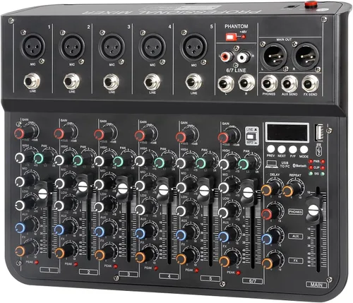 Vista 11 de Mezclador de Audio de 4 Canales, Mezclador DJ con Amplificador de Potencia, Tarjeta de Sonido de Audio con Alimentación Fantasma de 48V, Interfaz