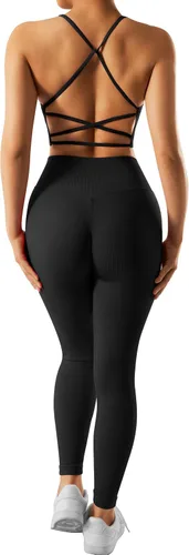 Vista 2 de RXRXCOCO Conjuntos de entrenamiento acanalados para mujer, 2 piezas, sin espalda, brasier deportivo con tirantes, leggings a juego, conjunto de yoga