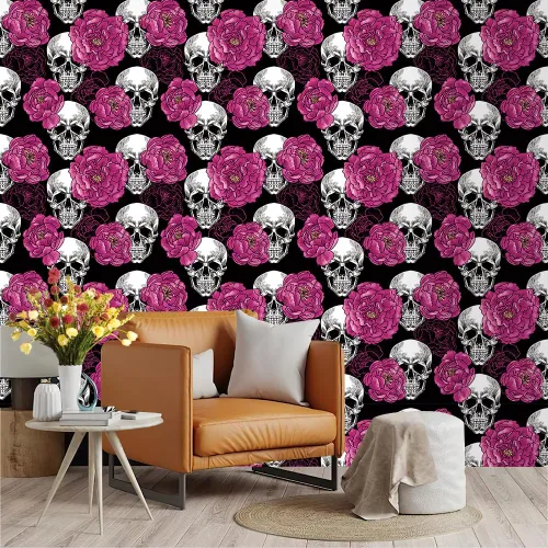 Vista 5 de Sugar Skull Penoy Papel Tapiz Floral de Despegar y Pegar para Dormitorio Negro/Blanco/Rojo Papel de Contacto Removible Decoraciones de Pared