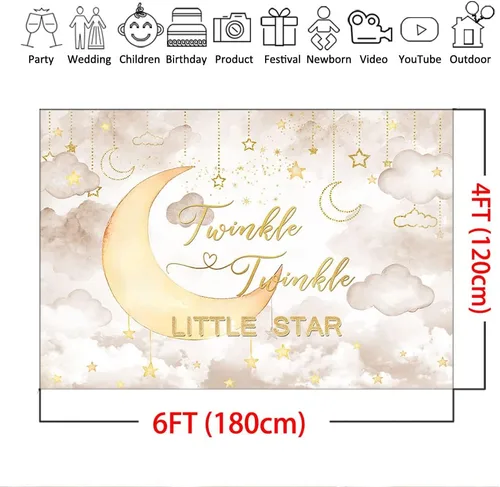 Vista 4 de Mocsicka Twinkle Twinkle Little Star - Telón de fondo para baby shower, nube rosa, luna, decoración de baby shower, fondo de revelación de género