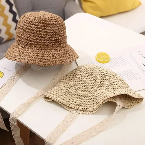 Vista 9 de Sombreros de paja para niñas pequeñas y plegables de ala ancha para verano, sombrero de paja para fotografía de bebé, sombreros de paja