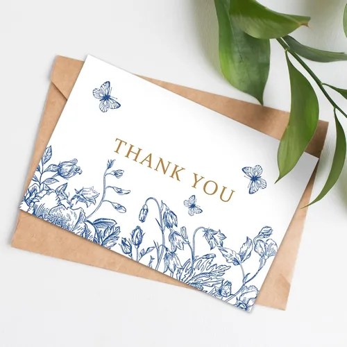 Vista 3 de AnyDesign Paquete de 36 tarjetas de agradecimiento florales azules y blancas con sobres de papel de estraza con calcomanías elegantes
