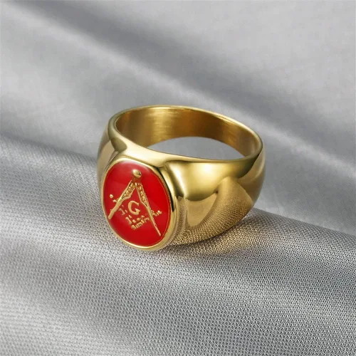 Vista 3 de INRENG Anillos masónicos masones de acero inoxidable chapados en oro para hombres y mujeres, banda de signo de masón azul G Lodge Master Mason