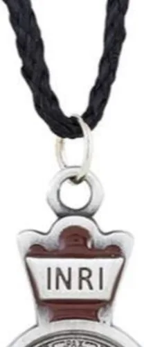 Vista 4 de Autom San Benito Crucifix medalla de plata colgante de cruz en cordón negro de 30 pulgadas