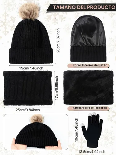 Vista 2 de Conjunto de 5 piezas para mujer de gorro, guantes y bufanda de invierno cálido, gorro de punto para salidas de esquí, gorro con pompón, calentador