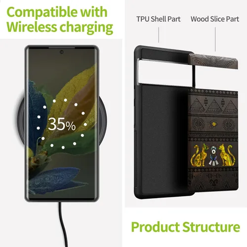 Vista 5 de Carveit Funda de madera de diseñador para Google Pixel 8 Pro (grabado de madera e incrustaciones de carcasa) compatible con cargadores inalámbricos