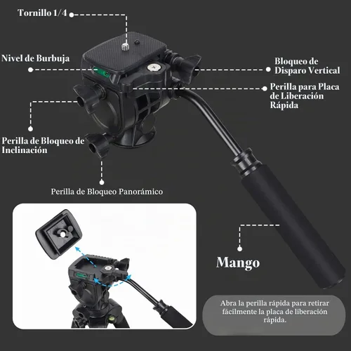 Vista 4 de Trípode de video de cabeza fluida, trípode estable con monopie 2 en 1, tornillos de 1/4 de pulgada con cabezal de arrastre fluido y bolsa