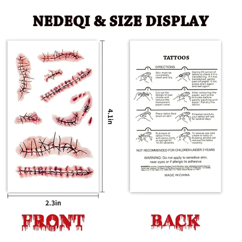 Vista 2 de NEDEQI - 20 hojas de tatuajes temporales de zombi de Halloween, tatuajes de sangre falsos de cicatriz de Chucky, impermeables, realistas, puntadas