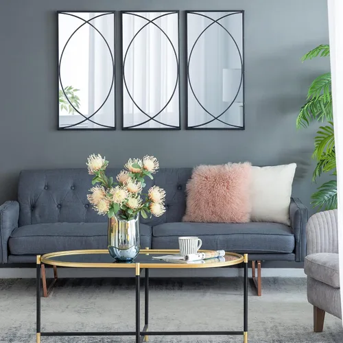 Vista 2 de A&B Home - Espejo rectangular de pared con marco de metal negro, juego de 3 piezas de espejo montado en la pared, decoración de pared del hogar