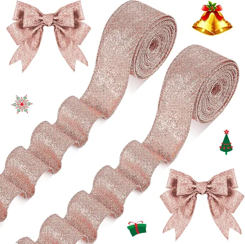 Vista 10 de 2 Rollos 20 Yardas Cinta de Navidad con Alambre Cinta Gruesa con Purpurina Cinta Metálica con Alambre para Envolver Regalos Cinta de Árbol