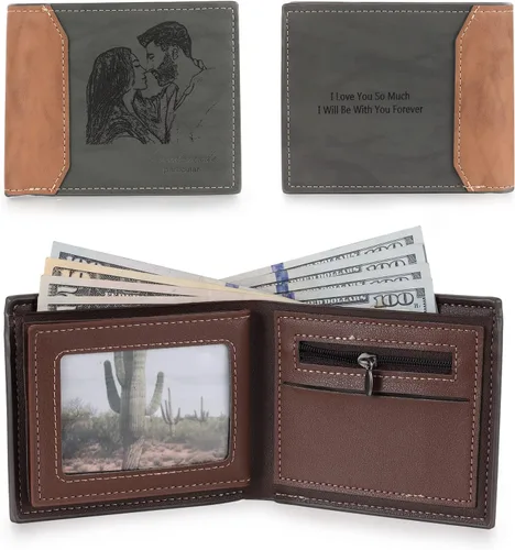 Vista 15 de Carteras personalizadas para hombres, cartera personalizada para hombre con imagen grabada y nombre, billetera delgada de cuero plegable, regalos