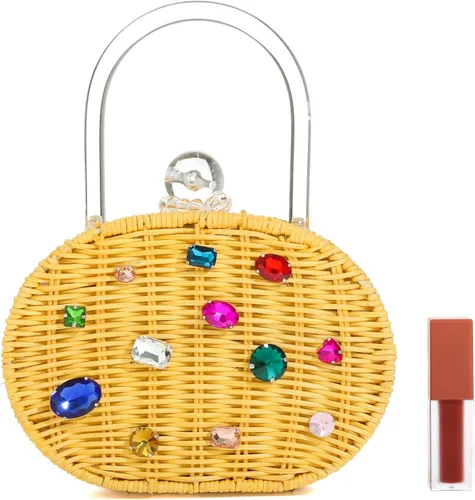 Vista 5 de MILANBLOCKS - Bolso de mano de mimbre con asa superior y diamante de miel para mujer bolso de mano acrílico Lucite para fiesta Mimbre de diamante