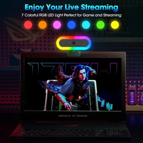 Vista 7 de Cámara web de transmisión ToLuLu 2K 50FPS, cámara web LED RGB con micrófono y luz, cámara de computadora con enfoque automático con cubierta