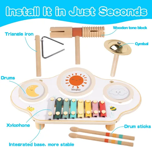 Vista 6 de Twefex Juego de batería para niños, juego de batería 9 en 1 para niños pequeños, instrumentos musicales Montessori, juguete para bebés, juguetes