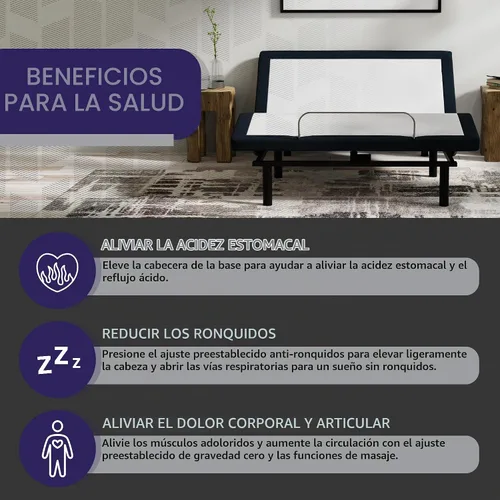 Vista 5 de Blissful Nights E4 - Base de cama ajustable King con parte superior dividida plegable, masaje, anti ronquidos, USB, luz nocturna, control remoto