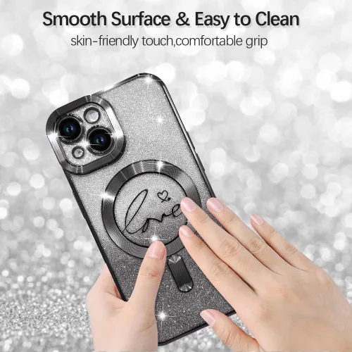 Vista 4 de ZIYE - Funda magnética diseñada para iPhone 13 con purpurina, color negro Luxury Plating Love Heart Compatible with MagSafe Camera Protection
