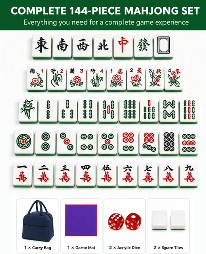 Vista 3 de Youeon Juego de mahjong chino de 144 piezas con bolsa de transporte, verde