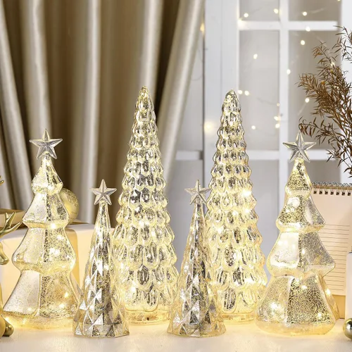 Vista 3 de Set de 6 figuras de árbol de Navidad de mesa iluminadas de vidrio de mercurio con luces LED, operadas por batería, centros de mesa iluminados