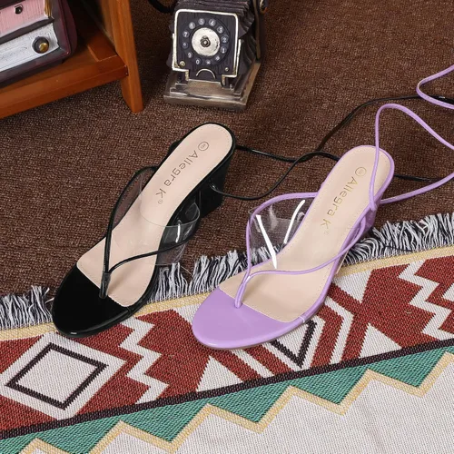 Vista 2 de Allegra K Sandalias de cuña con correa transparente con cordones para mujer