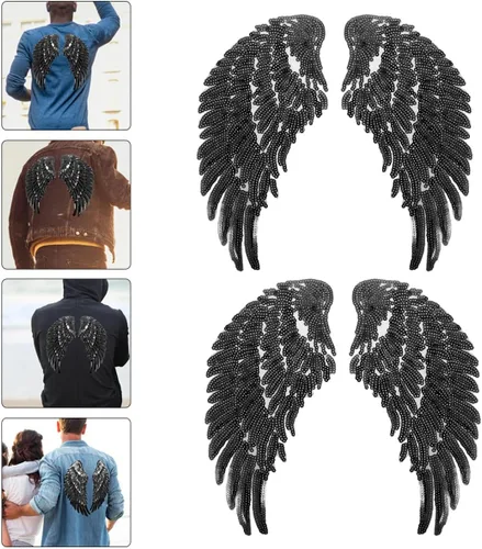 Vista 8 de Amosfun Sequin Angel Wings Embroidered Iron-on Clothes Applique Patch 2 Pairs Black DIY Garment Sewing Decor for Jackets Shirts Craft